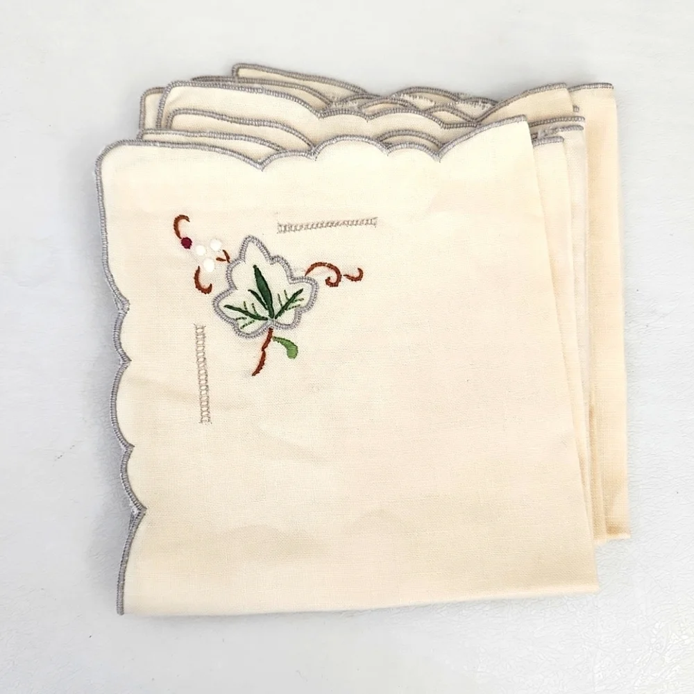 4 Vintage Linen Embroidered Leaf Napkins